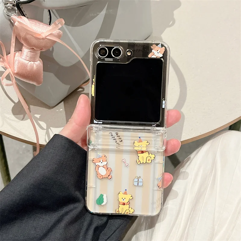 Cartoon Dog Bracelet Phone Cases For Samsung Galaxy Z Flip 3 4 5 6 Z Flip5 ZFlip5 Transparent Insert Cards Shockproof Back Cover