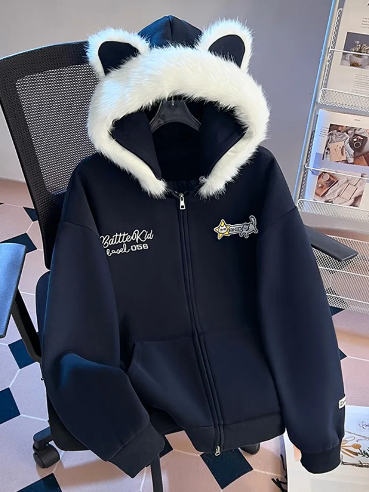 Thiened Fce Kapuzenpullover Ohr Warme Oberbekleidung Original Design Loose Fit Damen Herbst Winter Neu SLE Casual Ja...