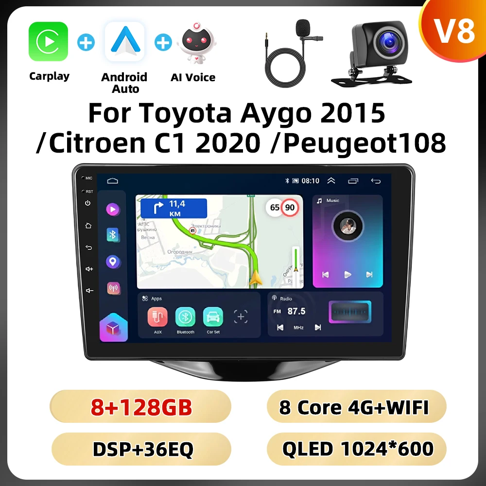 Podofo 8Core 2Din Autoradio Voor Toyota Aygo 2015/Citroen C1 2020/Peugeot 108 Multimedia Speler navigatie WIFI 4G Carplay DSP