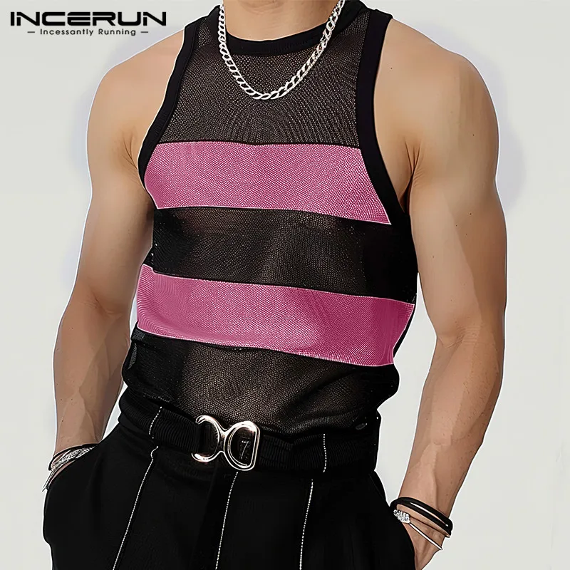 INCERUN Men\'s Tank Tops Striped Mesh See Through O-neck Sleeveless Streetwear Sexy Vests Summer 2024 Fashion Men Clothing S-5XL