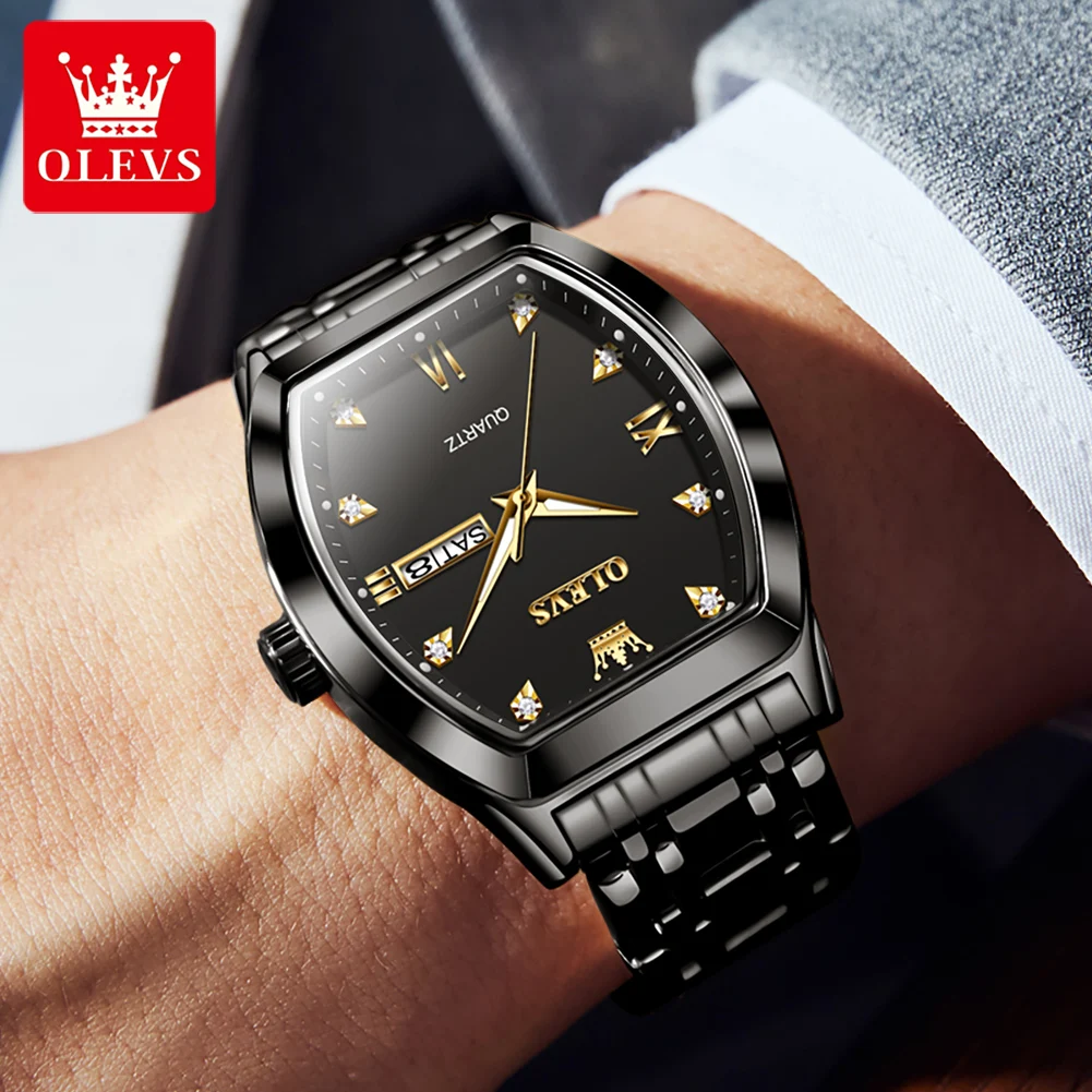 OLEVS Tonneau Dial Quartz Relógio para Homens Luxo Diamante Elegante Aço Inoxidável Impermeável Luminous TOP Marca Relógio De Pulso 5528