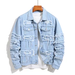 Stylish Street Style Men Ripped Distressed Stacked Splicing Slim Denim Jacket High Quality Male Motorcycle Jacket Coat