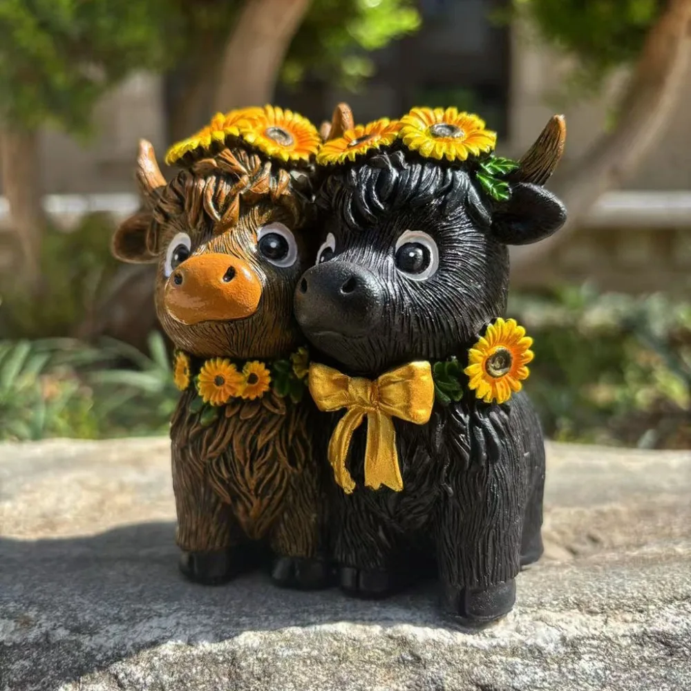 

Spring Sunflower Highland Cow Figurines Funny Resin Scottish Cow Statue Unique Handmade Highland Cow Gnomes Ornament Table Decor