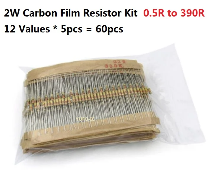 12values*5PCS=60PCS  0.5R-390R 2W 5% Carbom Fillm Resistor Kit Set Assort Pack 1R 4.7R 10R 20R 30R 47R 100R 120R 200R 300R OHM