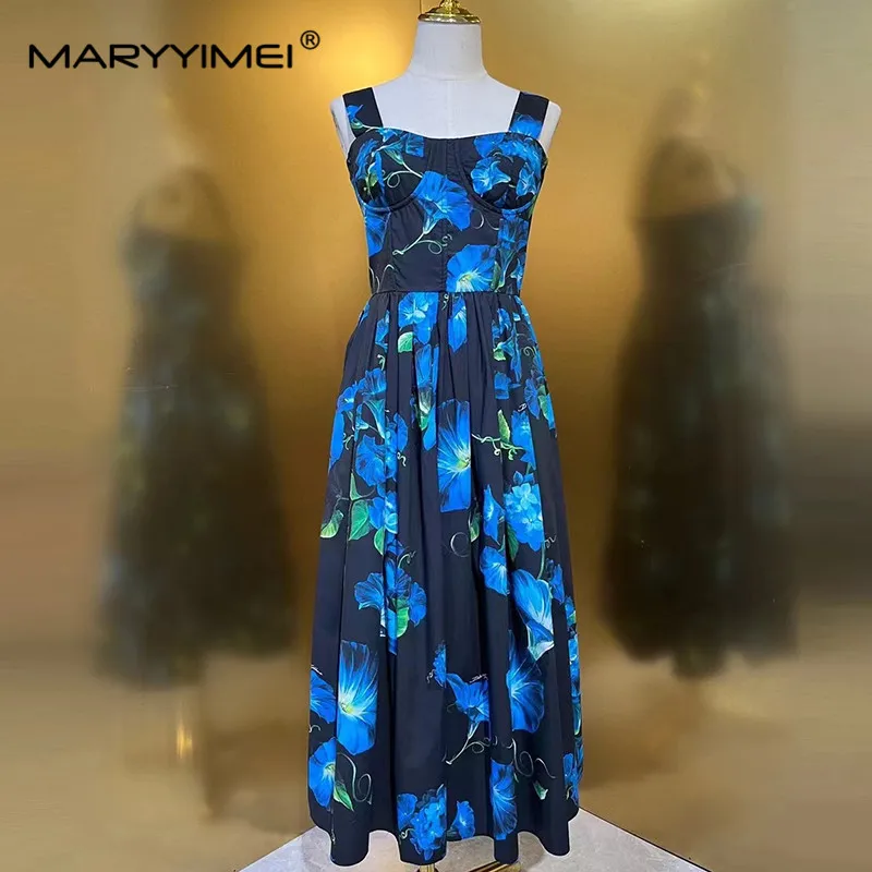 

MARYYIMEI Fashion Design Spring Summer Women's Square-Neck Sleeveless Spaghetti Strap Backless Folds Print Black Dresses