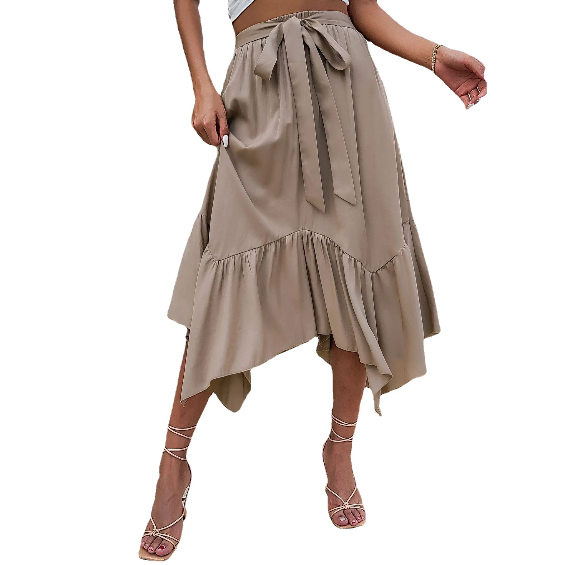 

Women’s Summer Elastic Waist lace up Pleated A-Line Ruffles Skirts Beach Casual Long Skirt