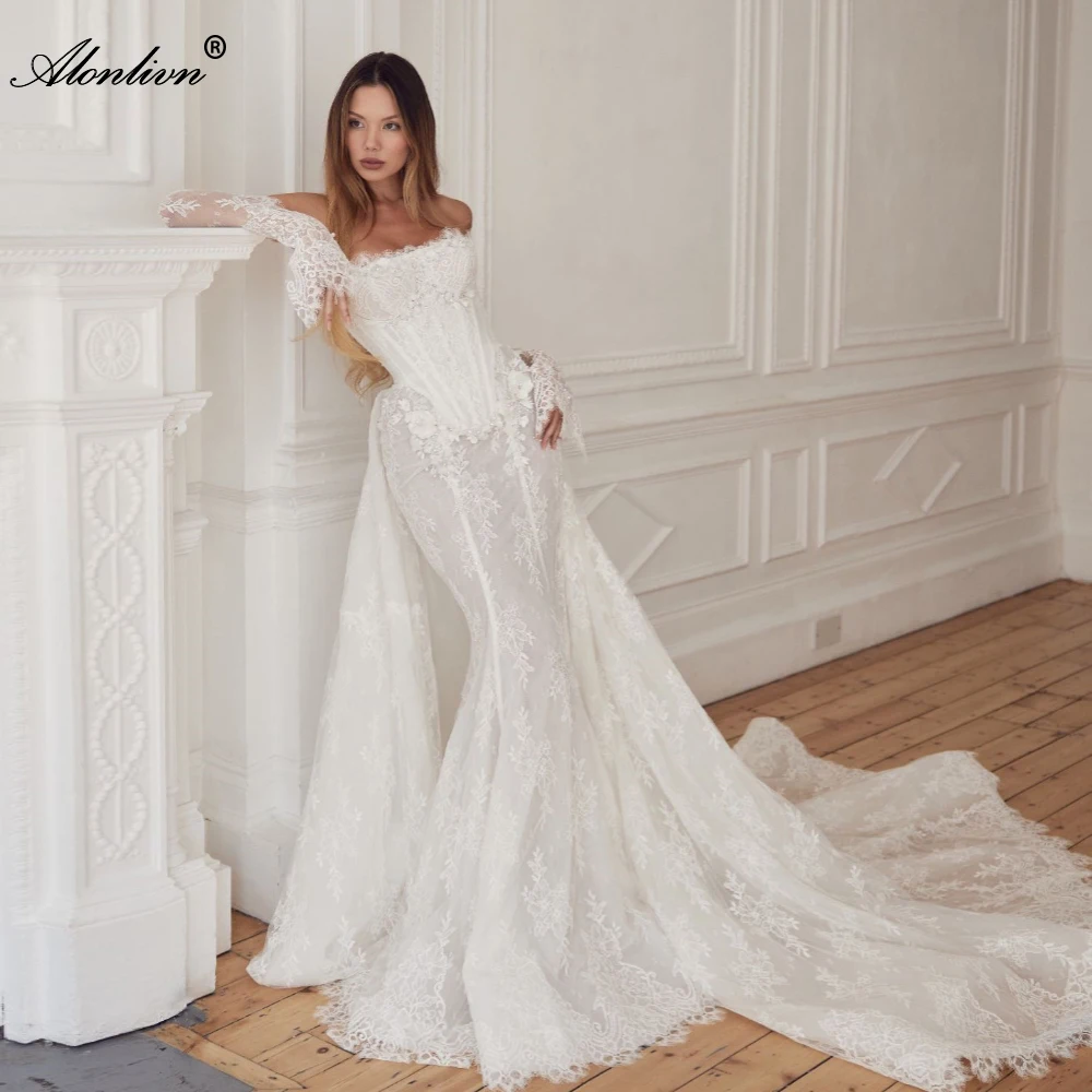 Alonlivn Maßgeschneiderte elegante Meerjungfrau-Brautkleider mit Perlenstickerei und Spitze, mit 3D-Blumen, trägerlos, abnehmbaren Ärmeln
