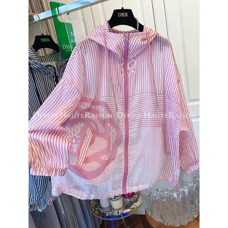 Women 2024 Summer New Korean Commute Hooded Spliced Striped Printed Pockets Loose Breathable Long Sleeve Sunscreen Clothing Coat