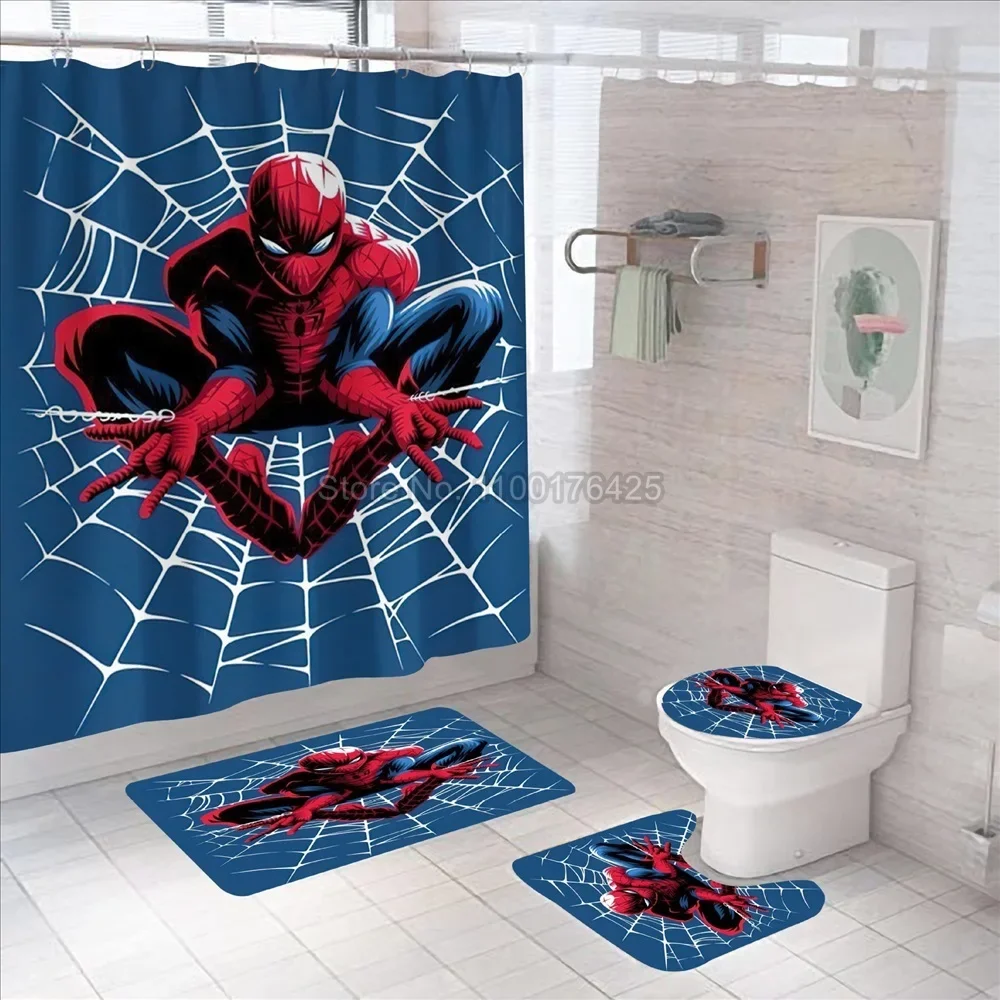 3D Printing Spiderman Shower Curtain Carpet Toilet Cover Cartoon Bath Mat Rug Pad Set Bathroom Decor Kids Gifts