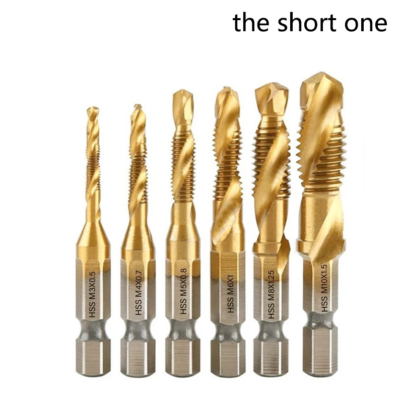 6Pcs For Metal Steel Wood Plastic Compound Metric Tap Drill Bits Screw Thread Hex Shank Machine Titanium HSS Tap Bit Tool