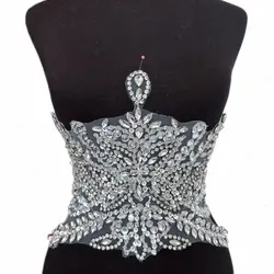 Hand Beaded White Patches Appliques Sew on Glasss Rhinestones Stones Waist Decoration For Sewing Prom Gown