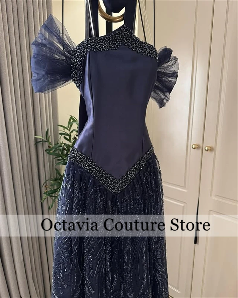 Saudi Arabic Navy Blue Sweetheart Evening Dress 2025 Formal Charming Sleeveless Beaded Crystal Gown Customized  فستان وردي image 4