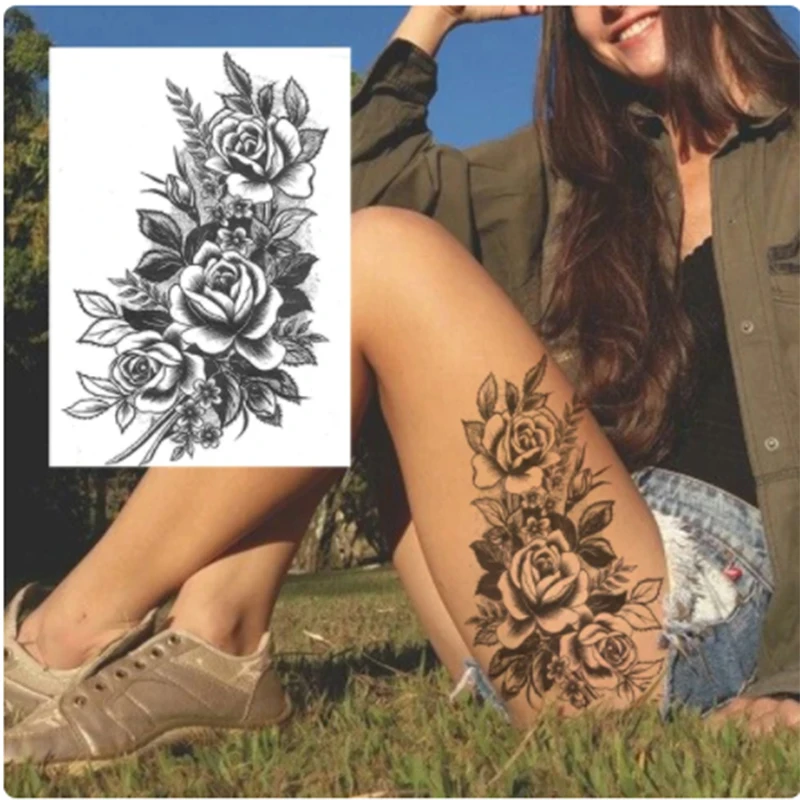 Sexy Black Flower Temporary Tattoos For Women Thigh Men Arm Sleeve Rose Flower Realistic Fake 3D Tatoos Forearm Tattoo Stickers