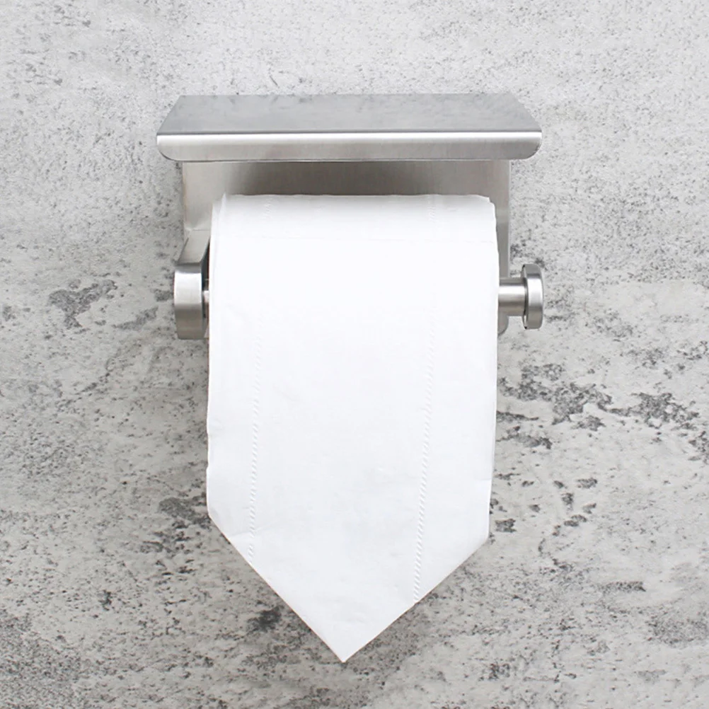 

Self-Adhesive Stainless Steel Toilet Roll Holder Anti-Deformation Tissue Rack with Shelf for Small Bathroom Kitchen