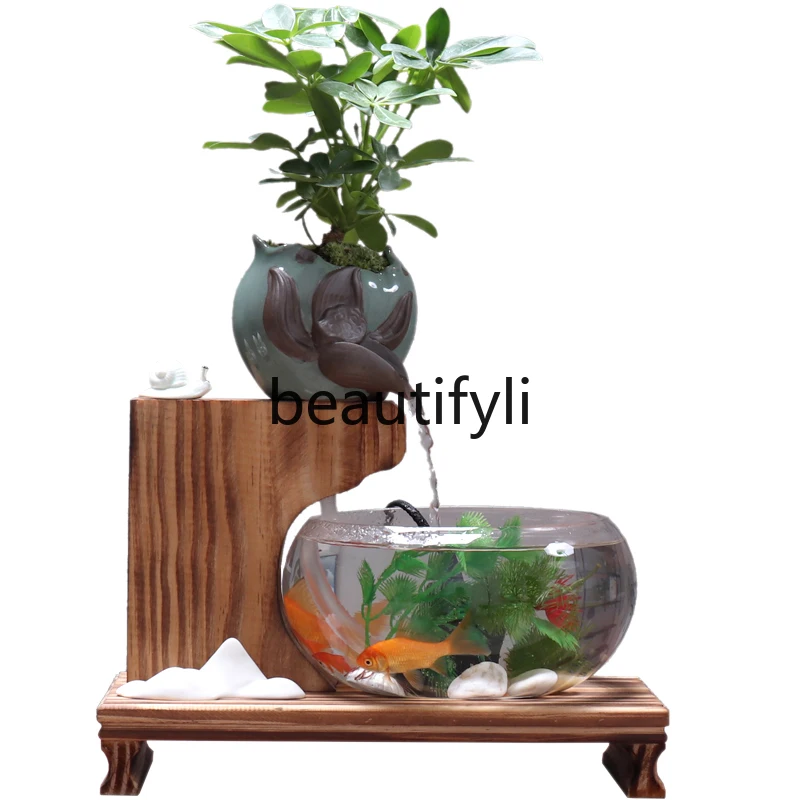 Feng Shui ornaments, flowing water lucky glass fish tank, living room humidifier, rockery fountain