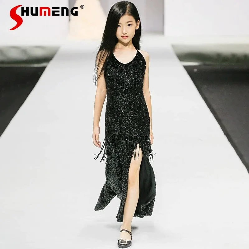 

Платье для латиноамериканских танцев с разрезом для девочек, черное, на бретельках, для выступлений, вечернее, в стиле High Street