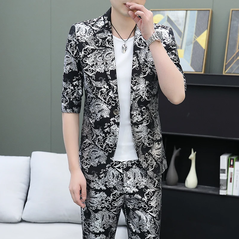 Printed Mid-sleeve Small Suit Men\'s Suit Summer Thin Korean Version Personality Trend Handsome Seven-quarter Sleeve Suit Jacket