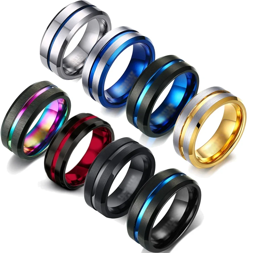 Fashion 8MM Men's Stainless Steel Rings Blue Red Colorful Groove Beveled Edge Wedding Engagement Ring Men's Anniversary Jewelry