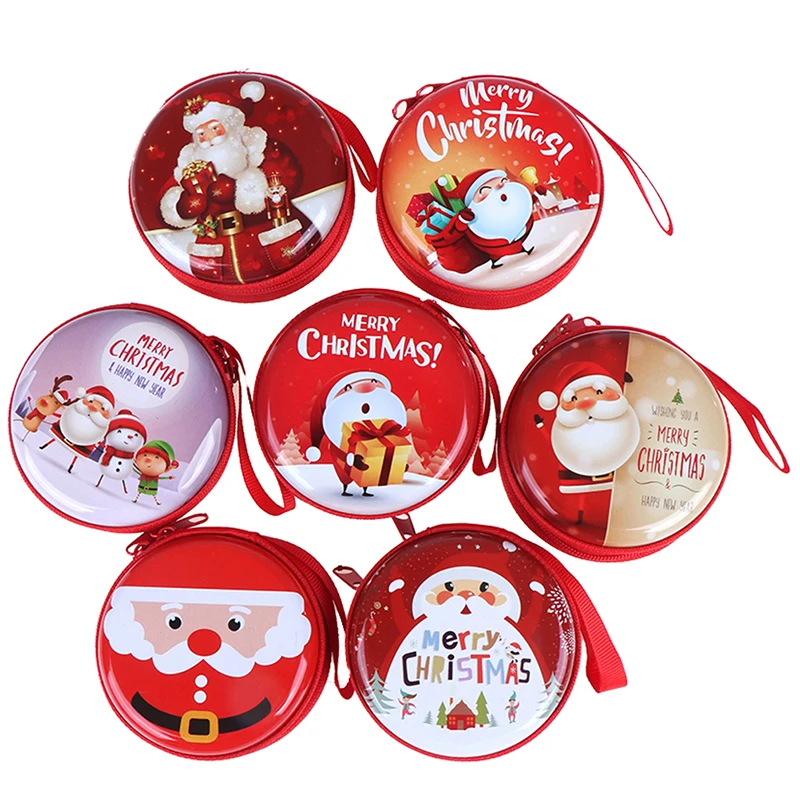 1PC Cartoon Round Christmas Coin Purse Zipper Tinplate Key Storage Box Coin Pouch Headphone Case Party Children's Gift Pochette