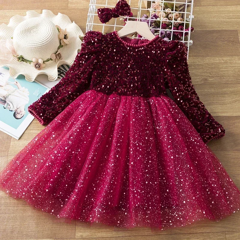 2024 Long Sleeves Baby Girl Dress for Birthday Party Sequin Princess Dresses Wedding Flower Girls Gown Kid Girls New Years Dress