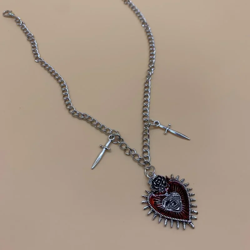 Goth Gothic Peach Heart Flower Sword Eye Cross Pendant Choker Chain Necklace For Man Women New Fashion Jewelry Vintage Punk view 2