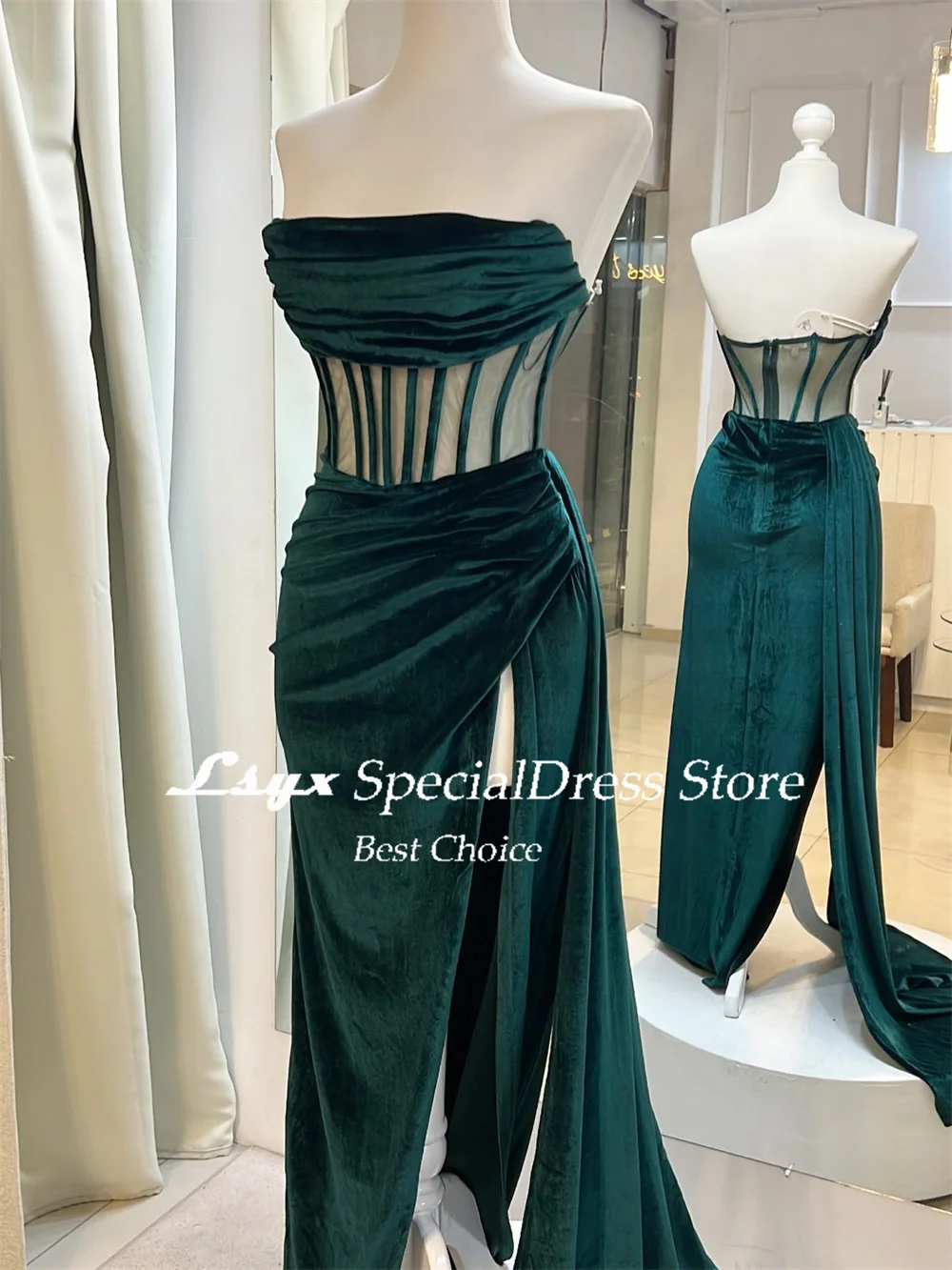 LSYX Strapless Velour Bainha Vestidos de Noite, Formal High Side Slit, mangas Vestidos Festa Prom, Arábia Saudita