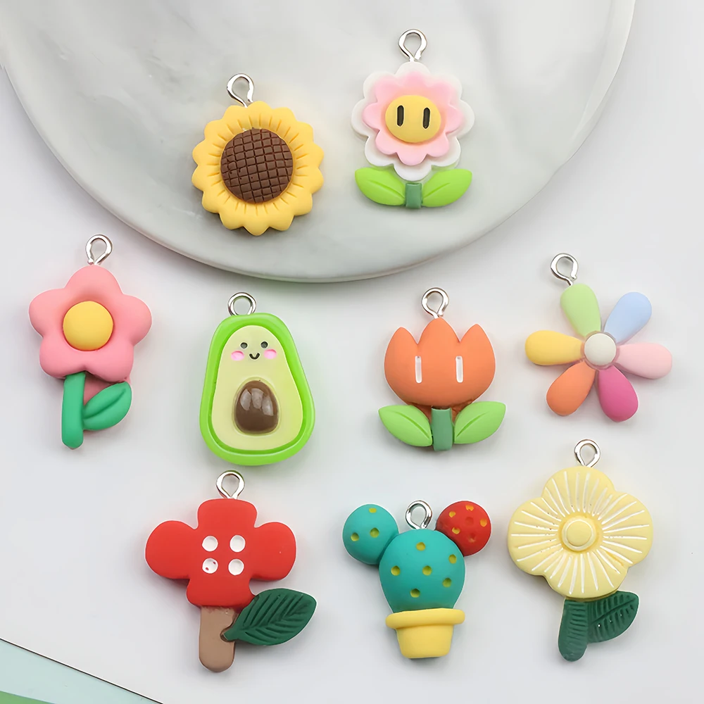 10 Stück Blumen-Harz-Charms, Avocado-Kaktus-Pilz für DIY-Ohrringe, Armbänder, Halsketten, Schlüsselanhänger, Anhänger, Schmuckherstellung – Detail 2