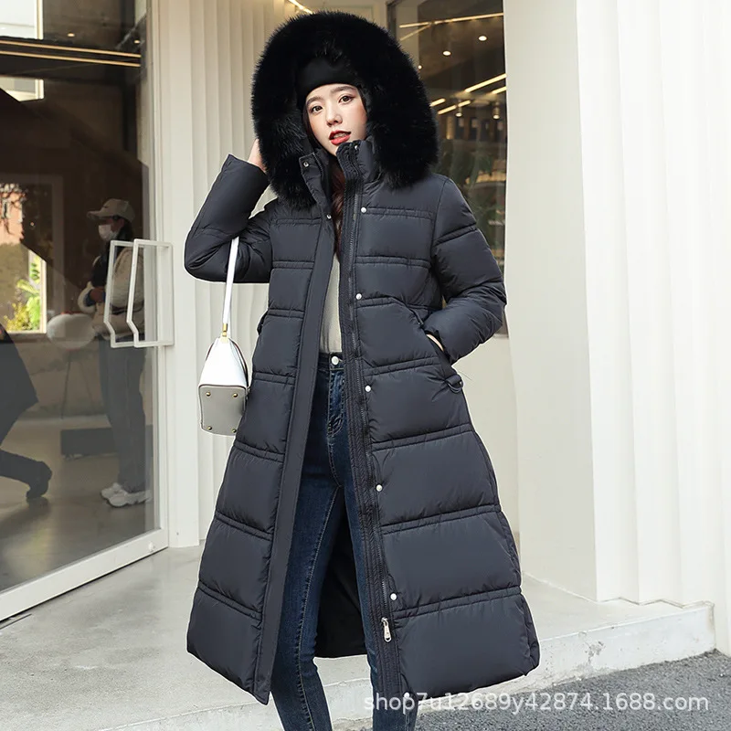 2025, neue Slim-Fit und schlankmachende große Pelzkragen, verlängerte Baumwollkleidung, langer Stil für Damen, kniehoher Gürtelstil