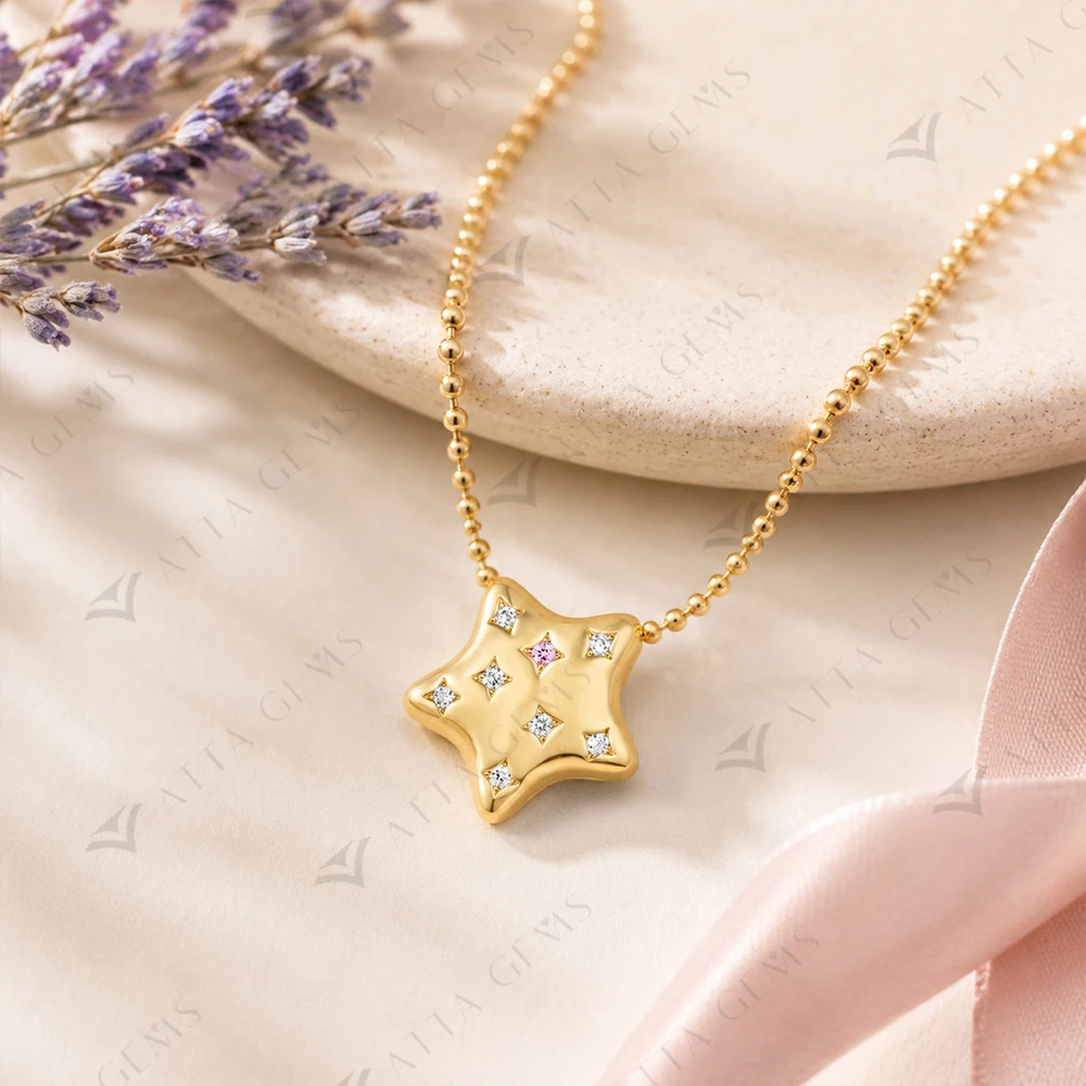 Attagems D Color Vvs1 Moissanite Pink Sapphire Star Necklace Gold Plated Playful Trend Jewelry