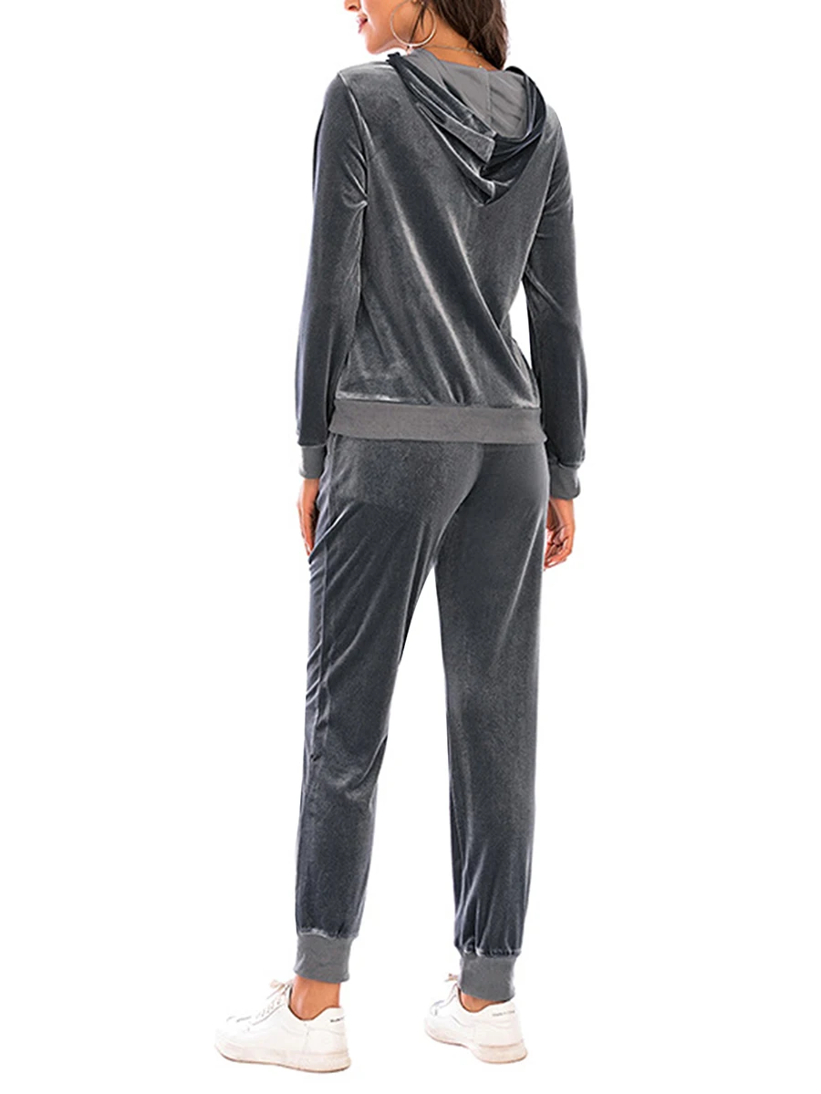 Women s Velvet Zip Up Hoodie and Pants Set - Solid Color Vintage Tracksuit Outfit with Hooded Sweatshirt and Trousers