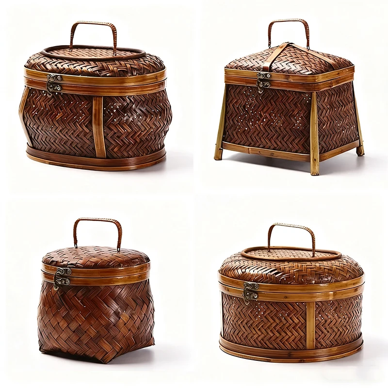 

Handmade Vintage Bamboo Woven Storage Box with Lid Antique Tea Organizer Decorative Jewelry Case Cosmetic Basket for Home Decor