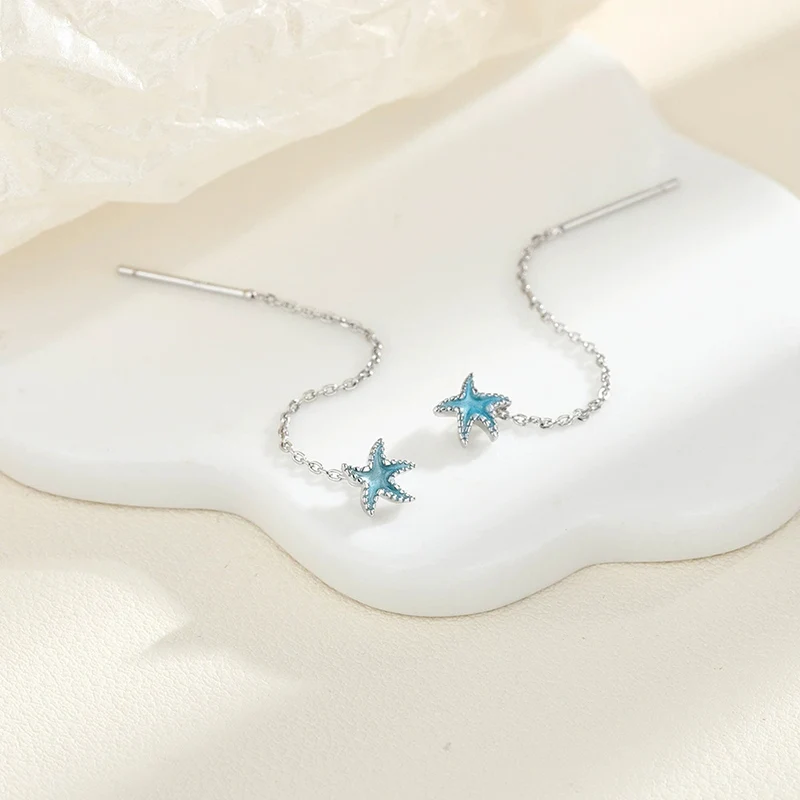 

Tassel Blue Starfish Earrings 2025 Long Ear Line Chain Vacation Style Pentagonal Star Earring 925 Silver Jewelry KOFSAC