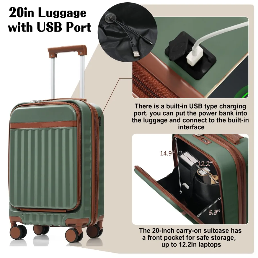 Luggage Set Of 3, 20inch With USB Port, Front Opening Design Airline Certified Carry On Luggage, ABS Hard Shell Luggage With Sp