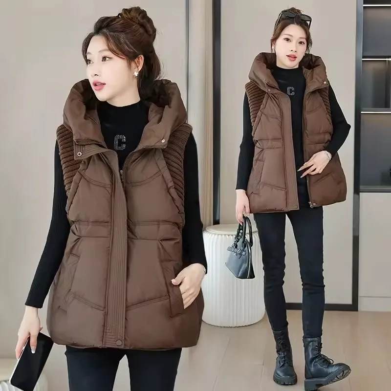

2025 Winter Warm Knitted Splicing Hooded Cotton Vest Women Sleeveless Jacket Down Cotton Waistcoat Outerwear Casual Puffer Vest