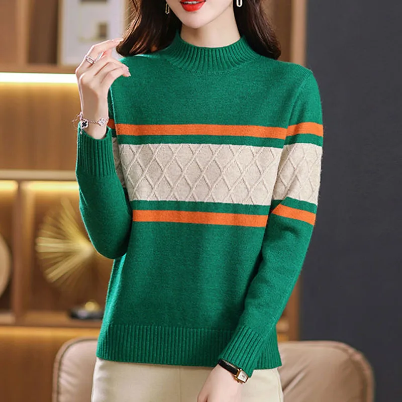 New Autumn and Winter Fashion Colorblock Stripes Half High Neck Loose Versatile Slim and Simple Commuter Knitted Women\'s Sweater