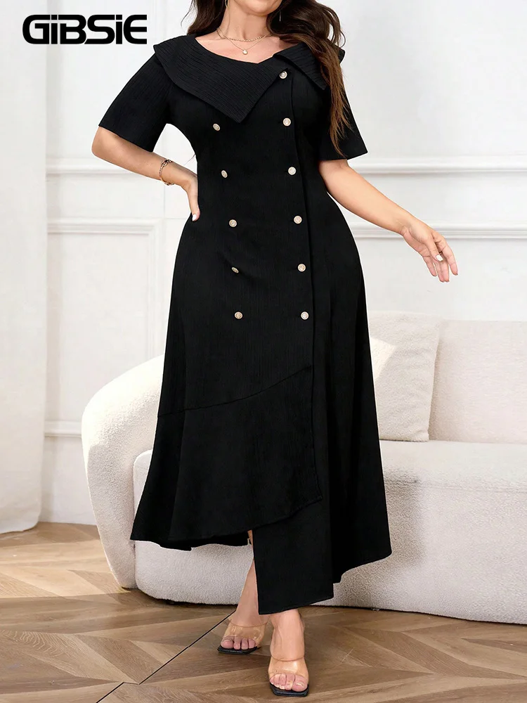 Платье GIBSIE Plus Size в винтажном стиле, двубортное, черное, длинное, женское, летнее, 2026, новое, с коротким рукавом, для вечеринок, элегантное, А-силуэт