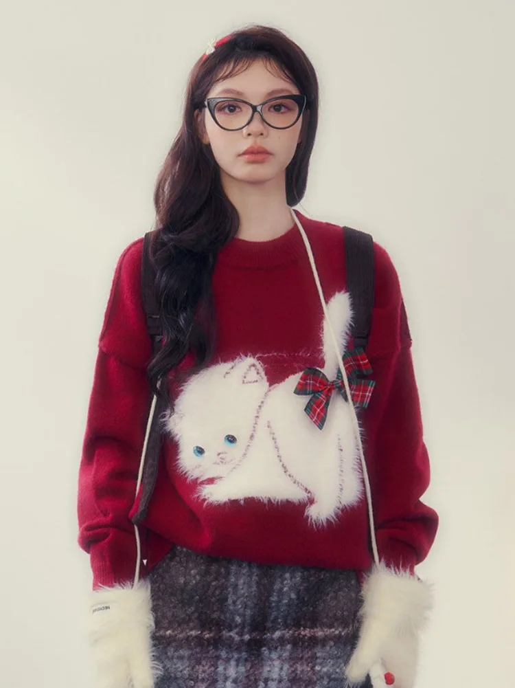 Kawaii Kitty Cat Print Christmas Red Pullover Bow Women O-Neck Sweaters Y2k Sueter Mujer Japanese Sweet Preppy Style Knitted Top