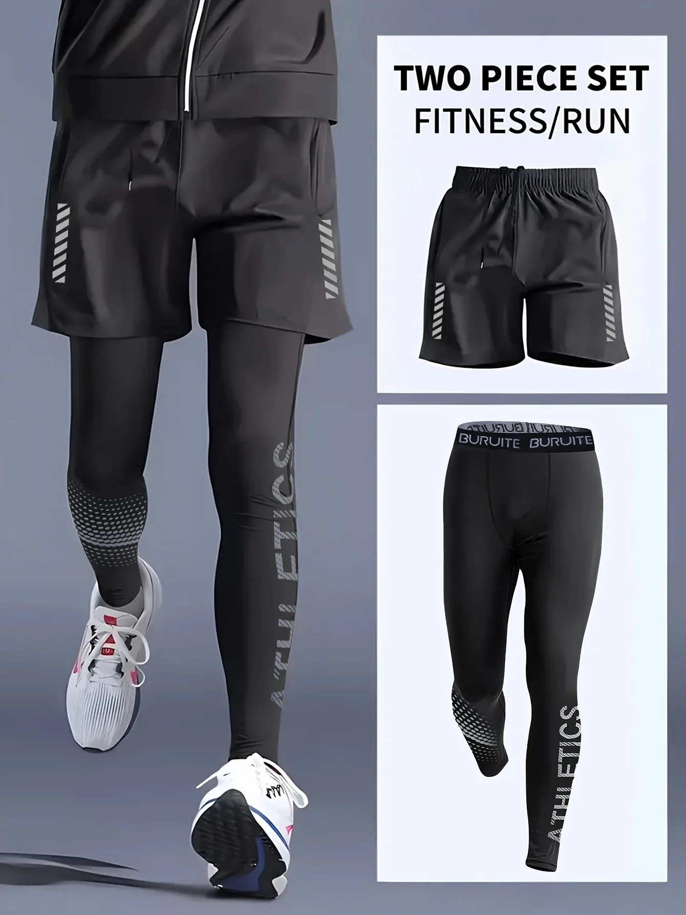 

2 pieces men's sports suit, shorts and tights, suitable for running, training, leisure, all seasons can be worn