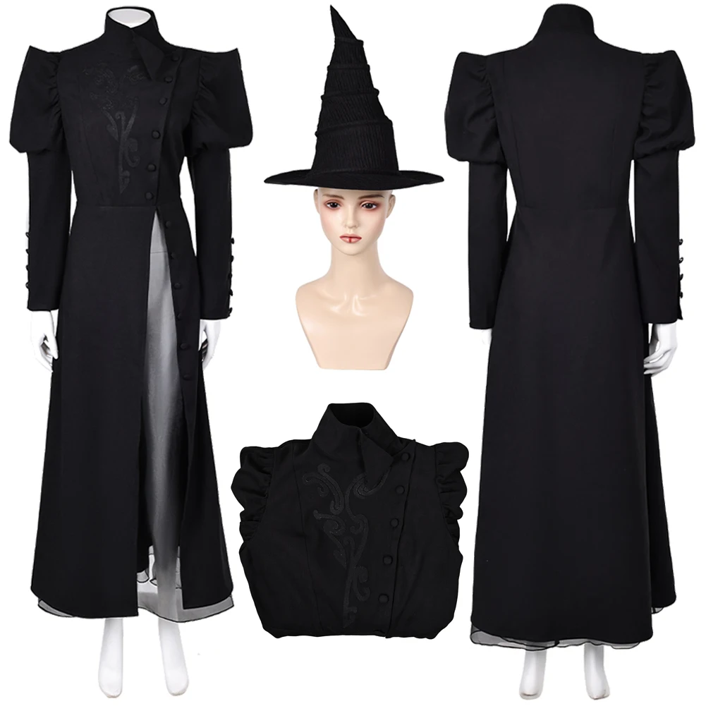 Cosplay Elphaba Black Puff Sleeve Cos Dress 2024 Movie Wiked Women Disguise Hat Skrit Halloween Roleplay Outfits For Adult Gifts