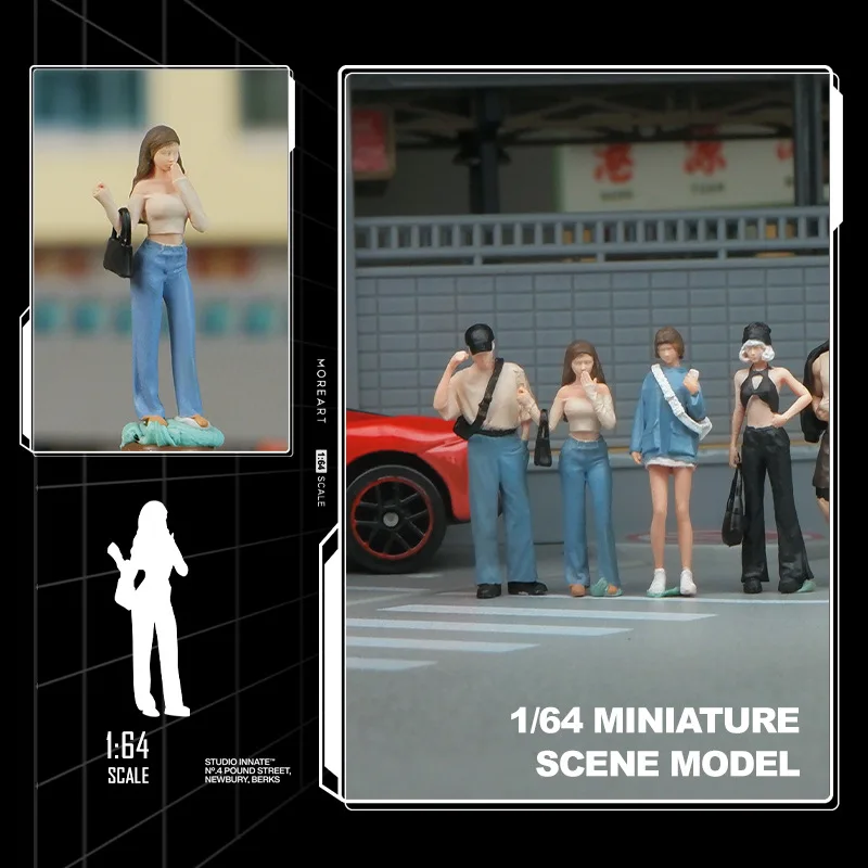 1:64 Scale Model Miniature Satchel With A Line Collar Women GIrls With Black Bag Action Figure Doll DIY Scene Accessory Display