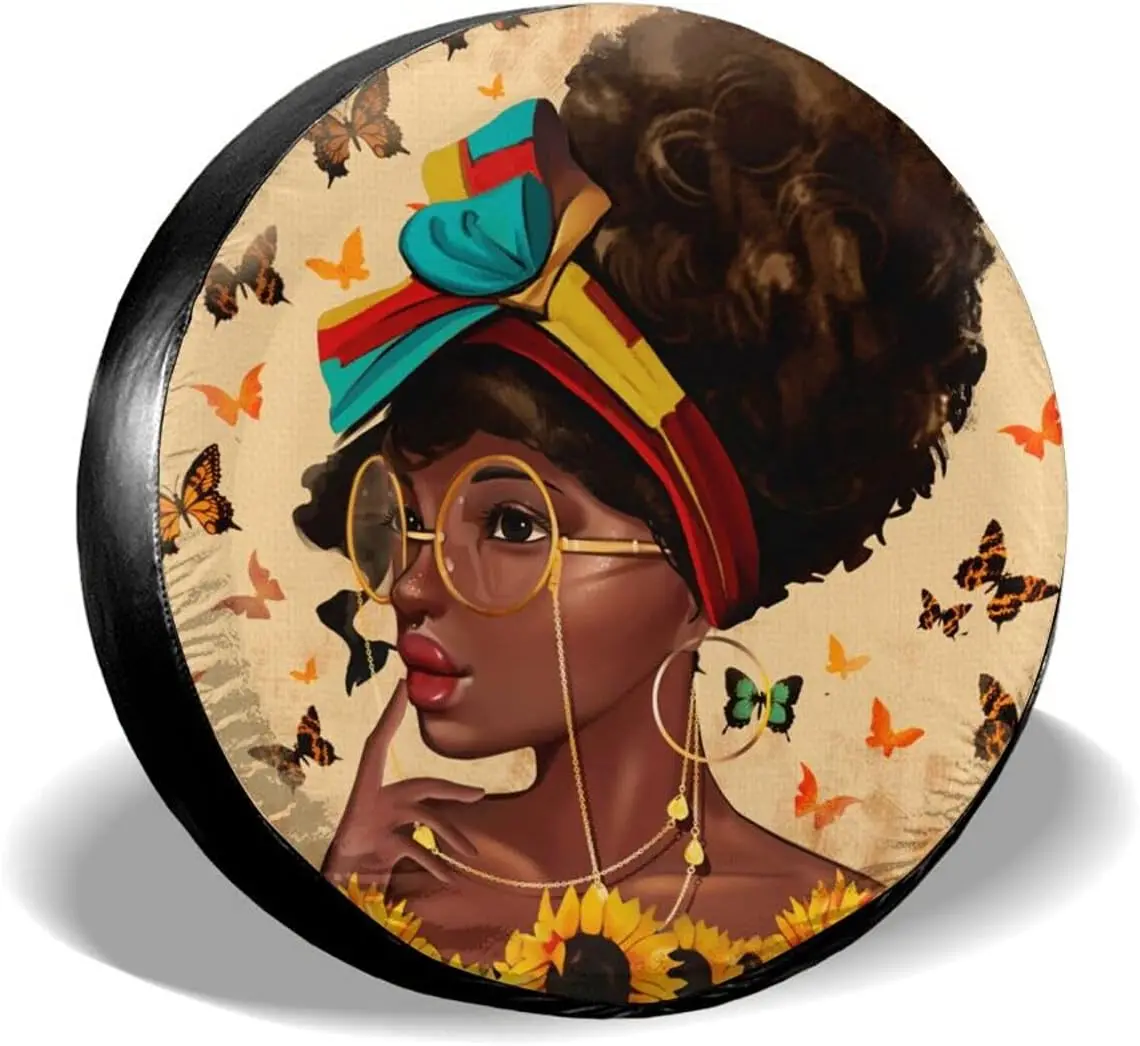 African American Afro Woman Spare Tire Covers Wheel Covers Tire Covers Sun-Proof Weather-Proof for Trailer RV SUV Truck 15 In