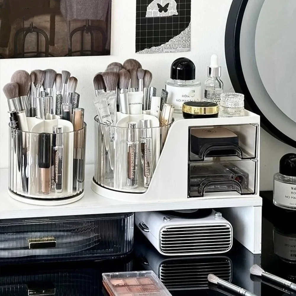 

360 Degree Rotating Desk Organizer 6 Slots 4 Compartments Pencil Pen Holder with 2 Drawer Multi-Functional Makeup Organizer
