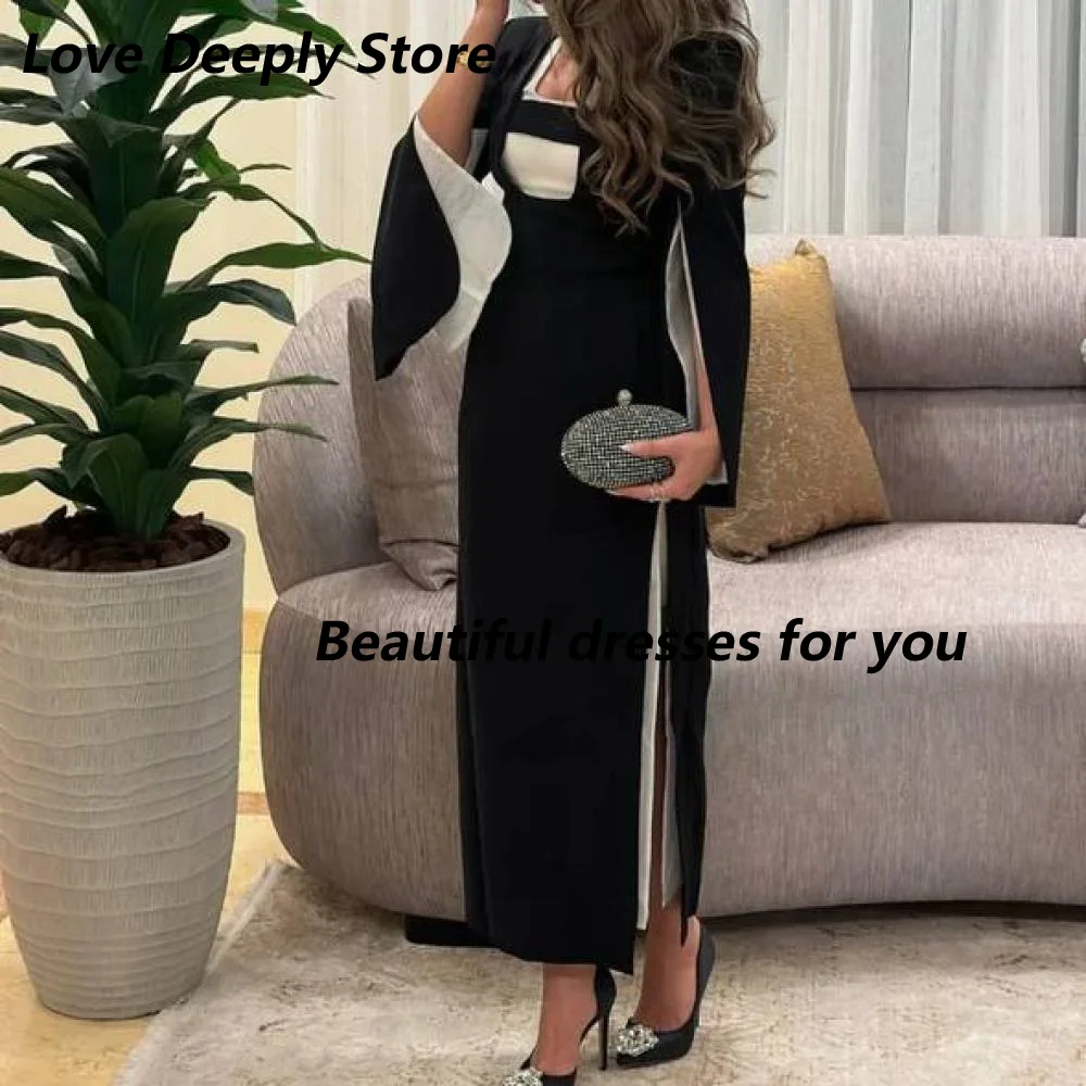 Customized Elegant Women Long Sleeves Prom Dresses Jersey Pleat A-line Square Neck Evening Dresses Side Slit Midi Dress