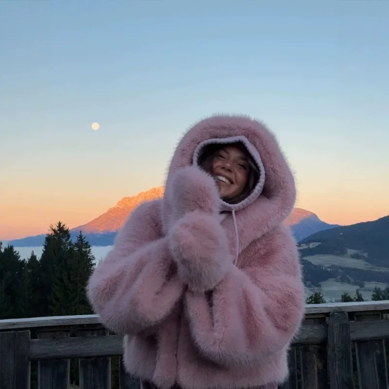 Elegant and Stylish Outerwear Bestsellers A New Pink Faux Fox Fur Hooded Loose Short Fur Coat for Women's Autumn Winter Fashion.