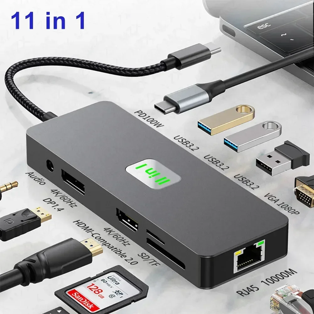 

11 in 1 USB C Docking Station 3 Monitors to 4K HDMI VGA DP USB C Hub Multiport Adapter USB 3.2 1000M Ethernet PD 100W SD/TF