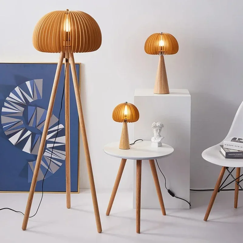 

Nordic retro living room wooden floor lamp tripod wooden LED desk lamp bedroom study bedside room decoration pumpkin floor lamp