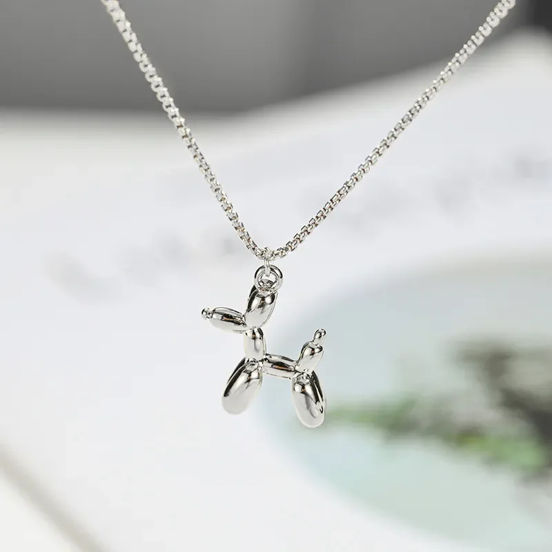 New Trendy Silver Color Cute Balloon Dog Pendant Necklace for Women Men Punk Hip Hop Creative Animal Couple Jewelry Wholesale