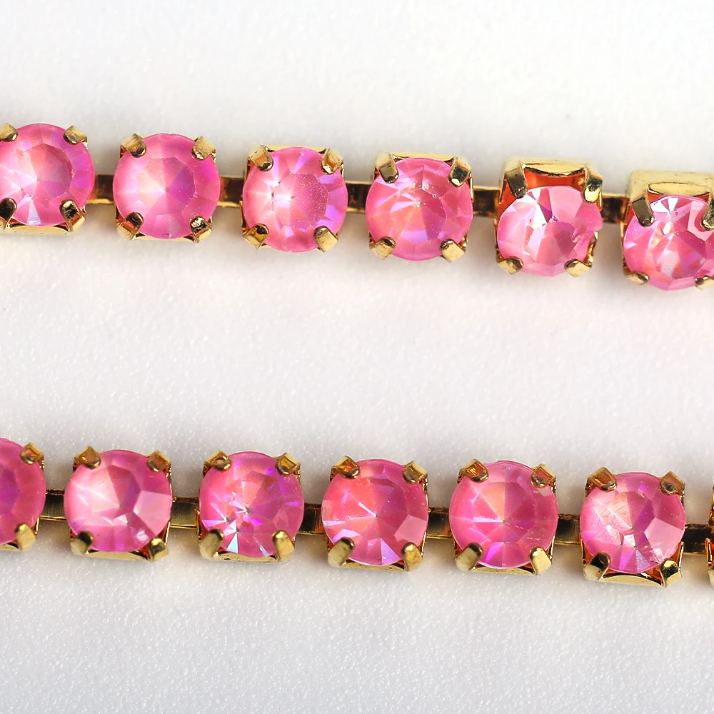 VC Gold base Fluoresce AB Glass Crystal Rhinestone Cup Chain Sew On Diamond Close Chains Glitter Trim sew on Garment