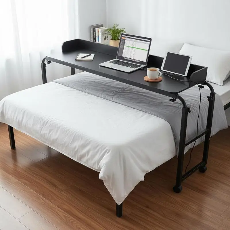 

Rolling Laptop Desk 31.5" x 15.7" For Bedroom Hospital Dormitory, Integrated Power Outlet Height Adjustable Particleboard Surface Heavy Duty Steel Frame Mobile Workstation 4 Caster Wheels Black