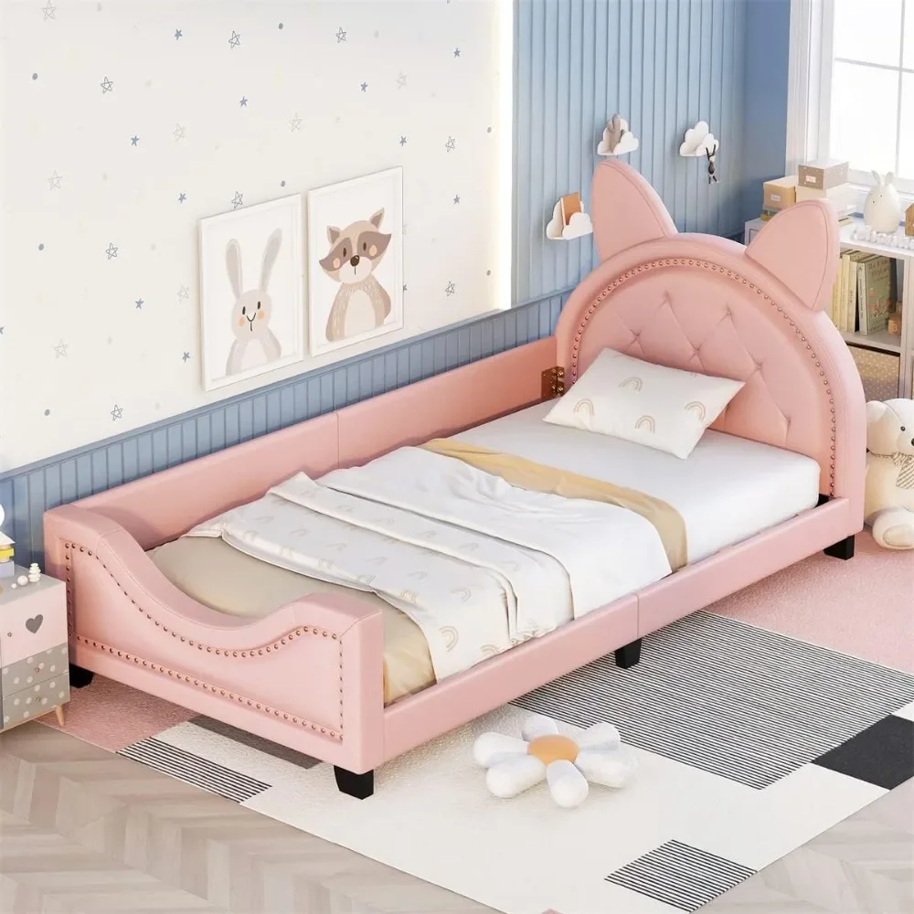 

TRIPLE TREE Twin Daybed Frame with Cat Ears Shaped Headboard – Pink Kids Bed Frame w/Wood Slats, for Girls & Boys